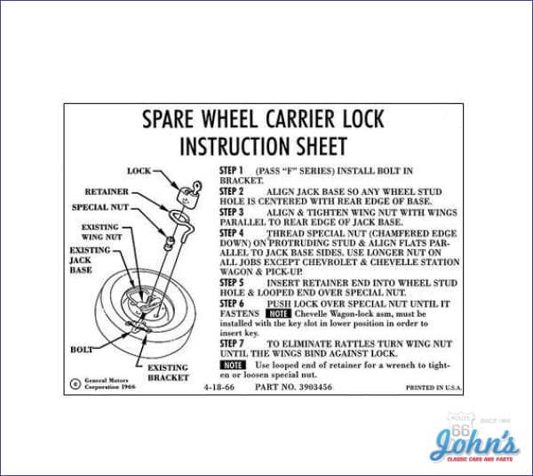 Spare Tire Lock Instructions Decal for Camaro Chevelle El Camino Chevy