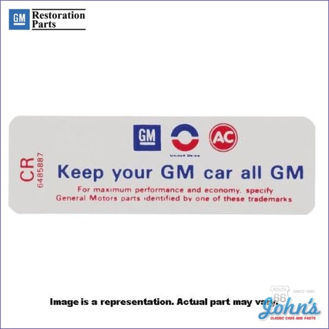Air Cleaner Service Instructions Decal- 230/250Hp. Keep Your Gm Car All F1