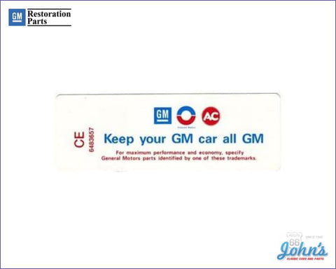 Air Cleaner Service Instructions Decal 230/250Hp. Keep Your Gm Car All Gm. F1
