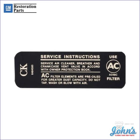 Air Cleaner Service Instructions Decal- 307/200Hp F1