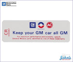 Air Cleaner Service Instructions Decal 350/270Hp. Code Cr. Keep Your Gm Car All A F2