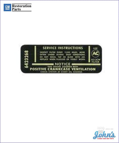 Air Cleaner Service Instructions Decal- 396/325Hp A F1