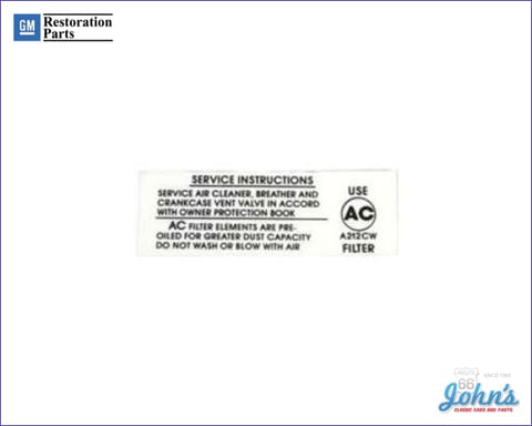 Air Cleaner Service Instructions Decal 396/375Hp A F1 X