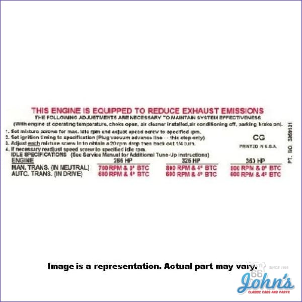 307 Engine Sticker Emissions Decal- 307/200hp, AT for Chevelle El Camino Chevy II / Nova ...