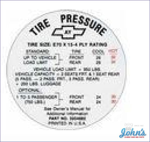 Tire Pressure Decal- Z/28 Late E70X15 F1